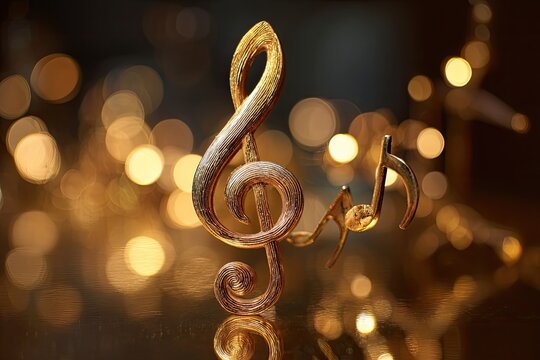 Golden treble clef and eighth note artfully arranged with bokeh lights