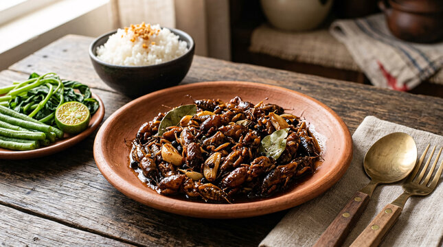 Traditional Filipino fried edible insects in adobo sauce served with rice, garlic, bay leaves, greens, beans, and calamansi