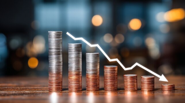 Financial Growth and Decline Represented by Stacked Coins with Downward Trend Graphic on Wooden Table in Blurred Background