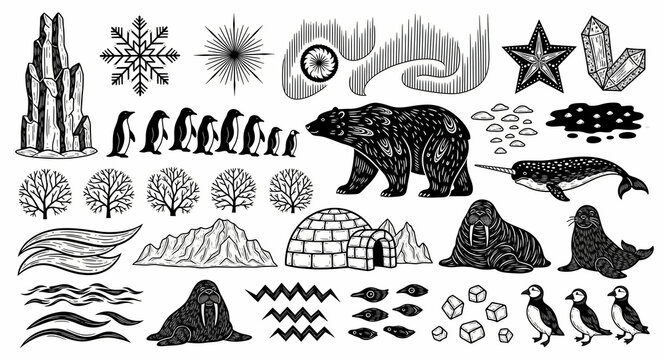 Arctic wildlife and landscape elements in hand-drawn linocut style. Featuring polar bear, penguins, walrus, and igloo icons. North Pole vector graphics, ideal for winter branding and design.