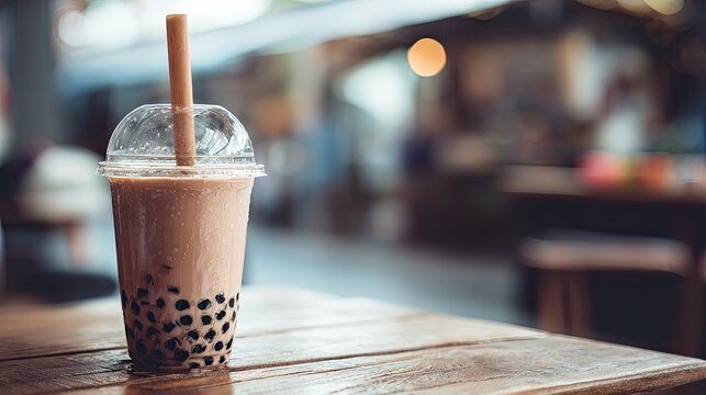 Delicious creamy beverage with tapioca pearls and a straw, served outdoors