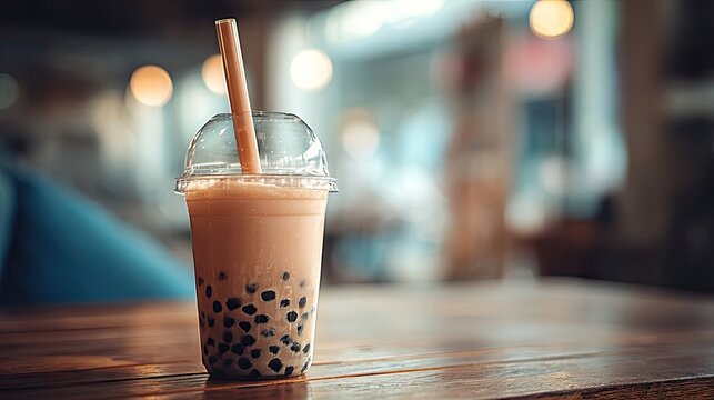 Refreshing milk tea with tapioca pearls and a bamboo straw, served in a clear cup