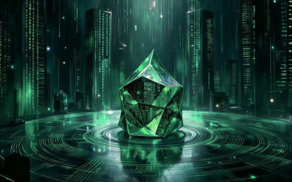 Green digital crystal stands in futuristic city of cascading code and glowing circuits.