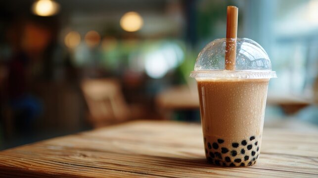A refreshing beverage with tapioca pearls, served in a clear cup