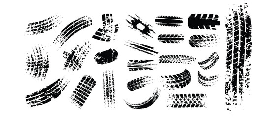 Tire track patterns vector illustration set featuring multiple horizontal and curved marks. © Siyam Creative