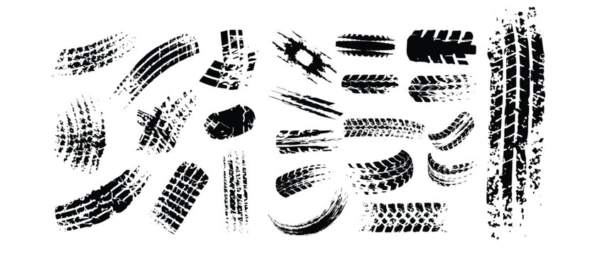 Tire track patterns vector illustration set featuring multiple horizontal and curved marks.