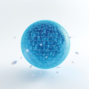Blue sphere displays binary code, network connections. Falling leaves suggest technology, nature fusion. Bright, clean aesthetic.