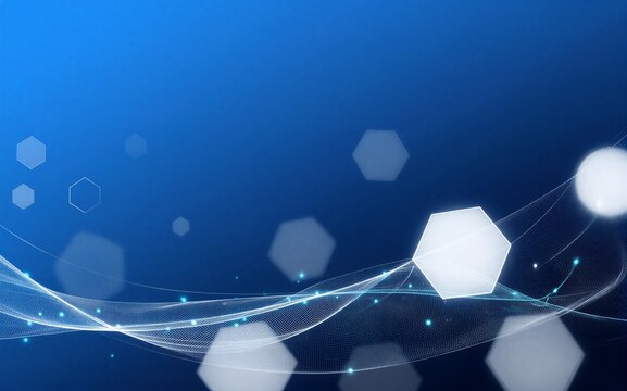 Blue background with glowing white hexagons and flowing digital wave patterns.