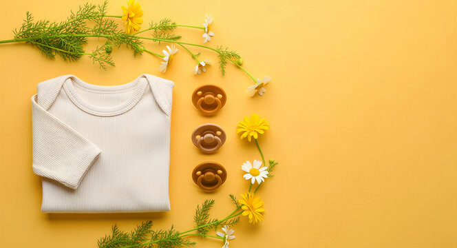 Folded neutral baby bodysuit with pacifiers and chamomile flowers on yellow background. Flat lay of organic infant clothing. Eco-friendly newborn care concept, ideal for parenting brand marketing.