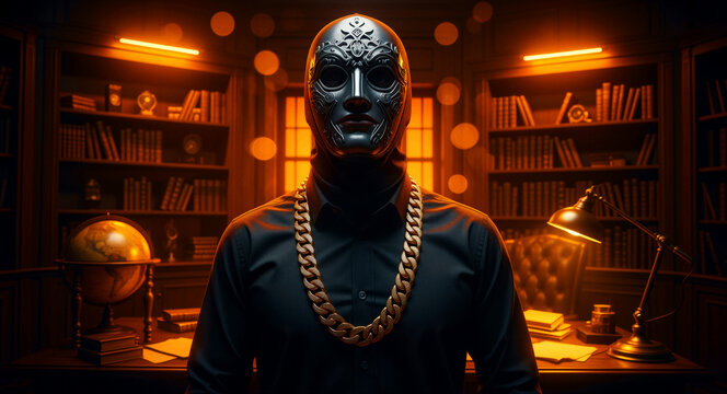 Mysterious figure wearing an ornate silver mask and gold chain in a classic library. Dark study with bookshelves and warm bokeh lights. Secret society concept for mystery and thriller themes.