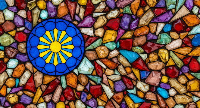 Colorful stained glass mosaic background with a circular sunburst design. Vibrant geometric shards create a complex artistic texture. Creative craft concept, ideal for diverse design projects.