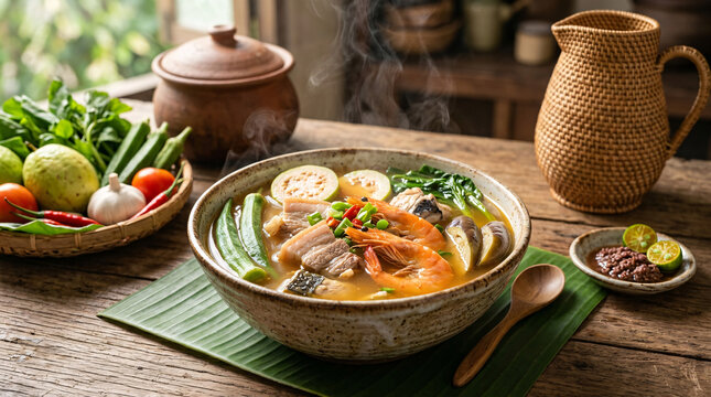 Steaming bowl of Filipino sinigang with shrimp, pork belly, fish, guava, okra, eggplant, greens, and calamansi on a banana leaf