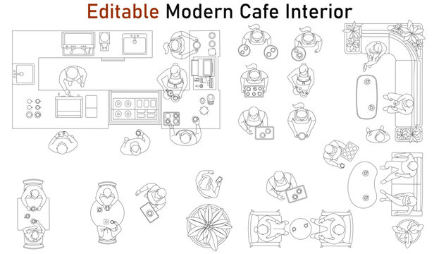 Cafe and Restaurant  interior Architectural Drawing Furniture, Baristas, Diners Kitchen Staff and Interior Top View Layout Elements, CAD Human Figures Vector Collection Floor Plan 