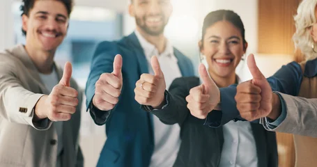 Fototapeten Pony Thumbs up, success and business people in office for teamwork, collaboration and approval. Corporate, smile and workers with hand gesture for promotion, good opinion or feedback for company agreement  © peopleimages.com