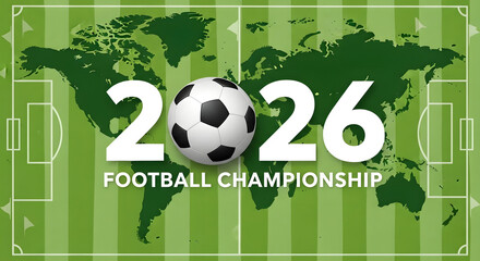 Obraz premium The 2026 Football Championship features a soccer ball on a green world map.