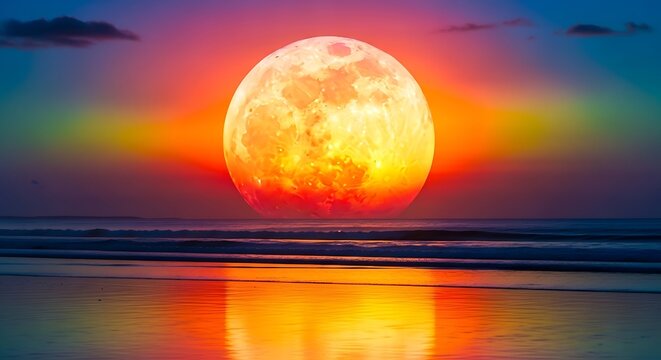 Stunning full moon rising over the ocean at sunset.