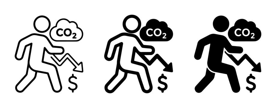 Carbon Footprint Reduction, CO2 Emissions Decrease, Financial Savings, Environmental Impact, Business Sustainability Icons