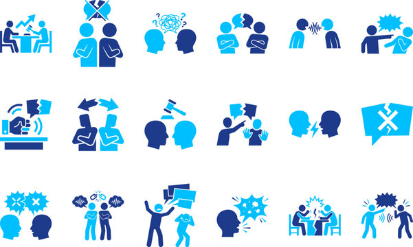Blue and cyan conflict icons on white background showing arguments disagreements and communication breakdown in relationships.