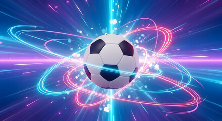 Fototapeta premium Vibrant Soccer Ball Emits Light Trails in Digital Environment Closeup