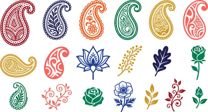 Traditional Paisley and Floral Motif Icon Set with Indian Mehndi Style Elements for Henna Tattoos, Textile Patterns, and Ethnic Decorative Vector Designs
