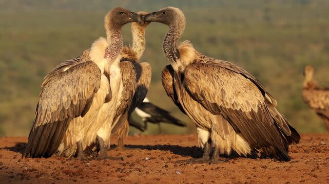 White-backed vultures (Gyps africanus) resting on the ground in early morning light, South Africa