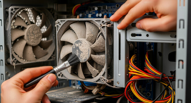 Cleaning a dusty computer fan with a brush inside a PC case. Technician performing maintenance on hardware components to avoid overheating. IT support and repair concept for tech service marketing.