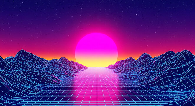 Retro synthwave landscape with glowing sun over digital wireframe mountains synthwave landscape wireframe mountains electronic technology eighties