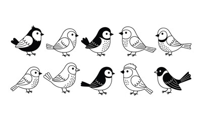 Set of small songbird icons with various wing patterns in black and white line style. © MdShohidul