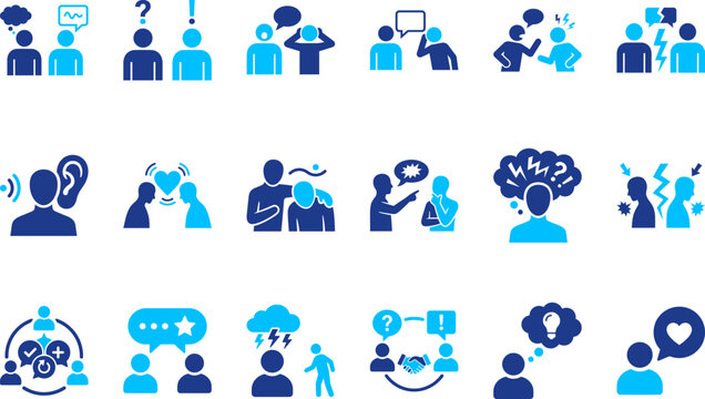 Interpersonal communication and conflict resolution icons with people icons and speech bubbles.