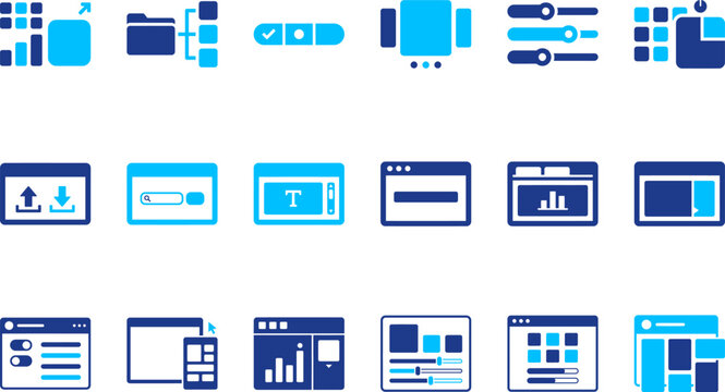 Set of icons for web design user interface and data visualization in blue and cyan tones.