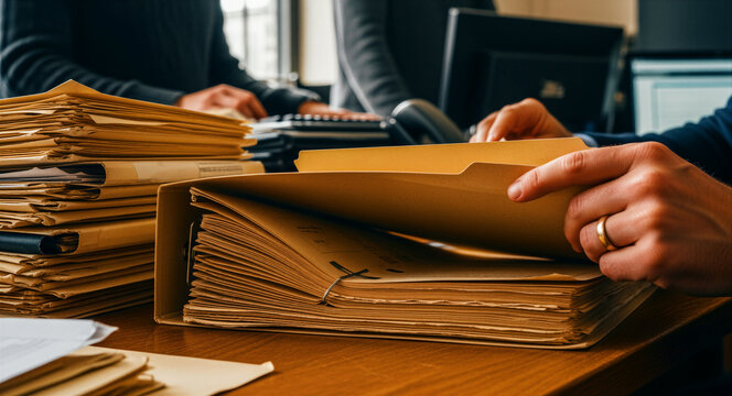 Person opening a large binder full of documents on a desk. Business professional organizing folders and searching for information in a busy office. Archive management and legal research concept.