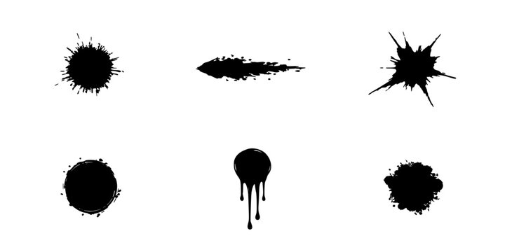 Ink Splatter Stains Set of Six Black Grunge Textures Arranged in a Clean 2 by 3 Grid on White Background