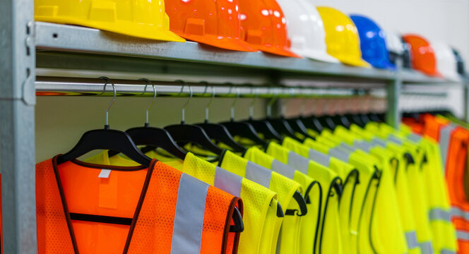 Row of colorful hard hats and high-visibility safety vests on racks. Protective gear organized for construction or factory workers. Industrial safety concept for compliance and OHS training materials.