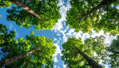 Fototapeta premium Sunlight shining through green forest trees and leaves in nature park on a sunny day