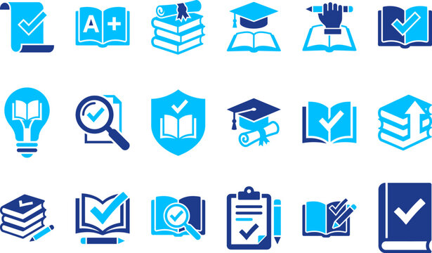 Set of blue education and learning icons, including books, graduation, and checkmarks.
