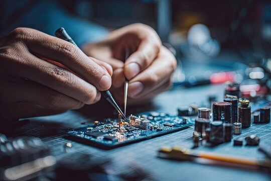 Hands meticulously repairing a small electronic gadget circuit board with tools at home