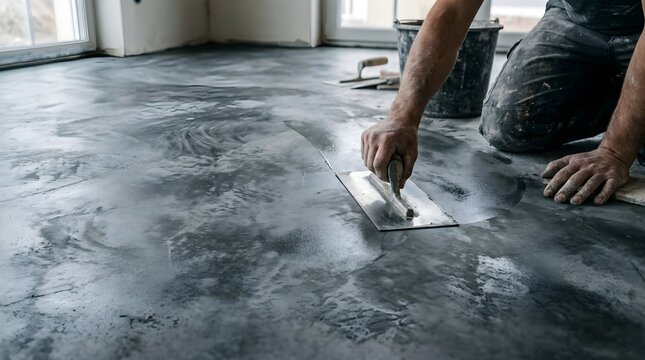 Industrial microcement floor application, professional worker smoothing grey concrete screed with trowel, modern seamless decorative flooring installation