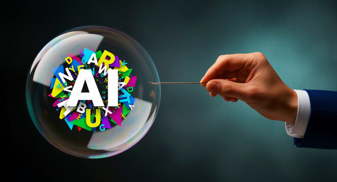 Hand with needle about to pop a bubble containing AI text. Person pointing a pin at a fragile bubble symbolizing artificial intelligence. AI bubble burst concept for tech overvaluation and market.