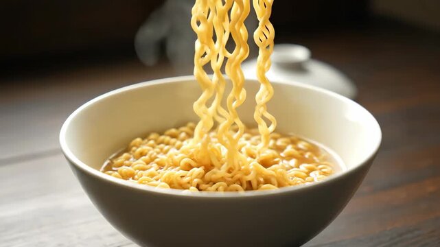 Close-up of yellow rice food ingredients in a bowl and steaming hot instant noodles