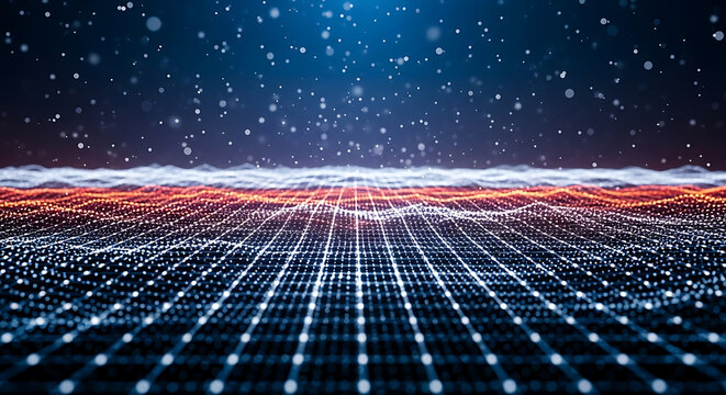 Digital data network landscape with glowing grid lines and particle lights floating in deep space landscape particles technology abstract connection background information communication