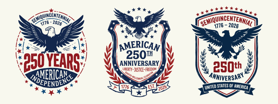American semiquincentennial badge set with vintage eagle emblems for patriotic anniversary events
