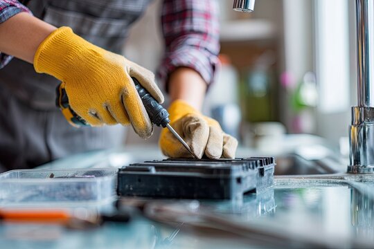 Skilled hands in yellow gloves meticulously repairing a household item with a screwdriver, showcasing precise DIY home maintenance.