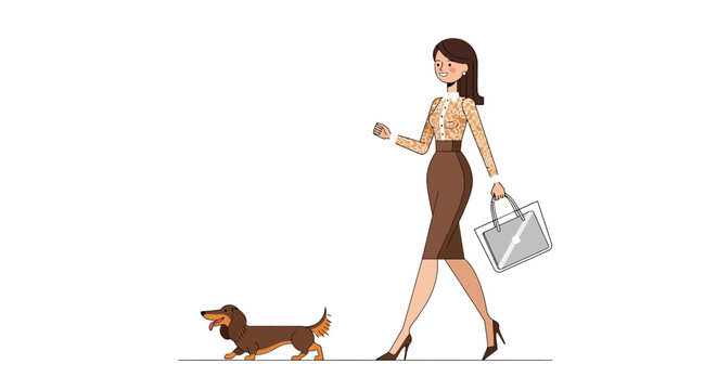 Elegant woman walking her dachshund dog outdoors.