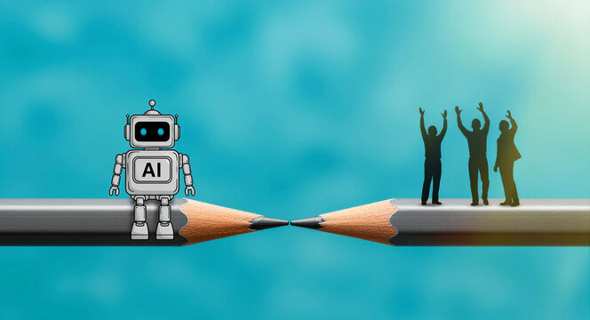 AI robot sitting on a pencil facing human silhouettes on another pencil. The tips touch against a blue background representing a bridge. Human and artificial intelligence collaboration concept.