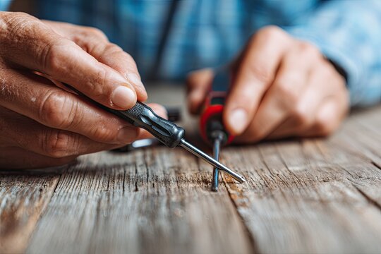 Hands expertly using a screwdriver to repair a household item on a wooden surface