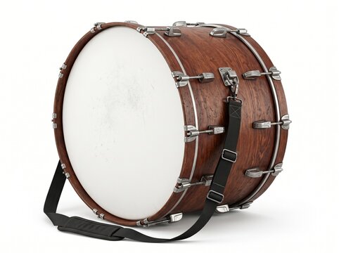 Marching Bass Drum Brown Wood with Carrying Strap Isolated on White