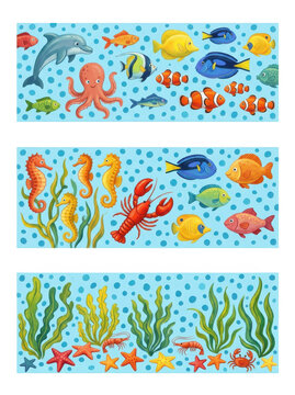 Colorful underwater scene with fish, sea creatures on transparent background
