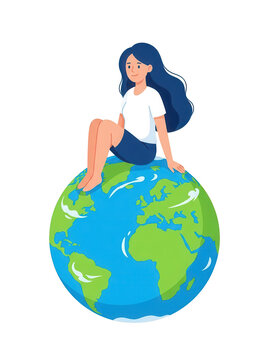 Woman sitting on globe with transparent background, earth, planet, world