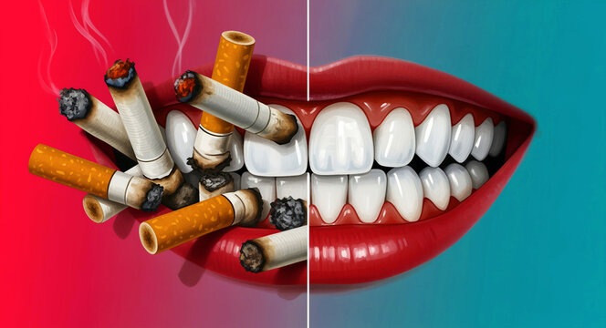 Split view comparison of smoking damage versus healthy white teeth. Mouth filled with burning cigarettes contrasted against a bright clean smile. Anti-smoking awareness concept for dental health.