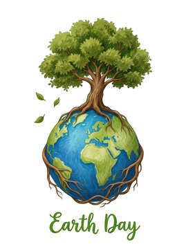 Earth Day illustration with tree on globe transparent background